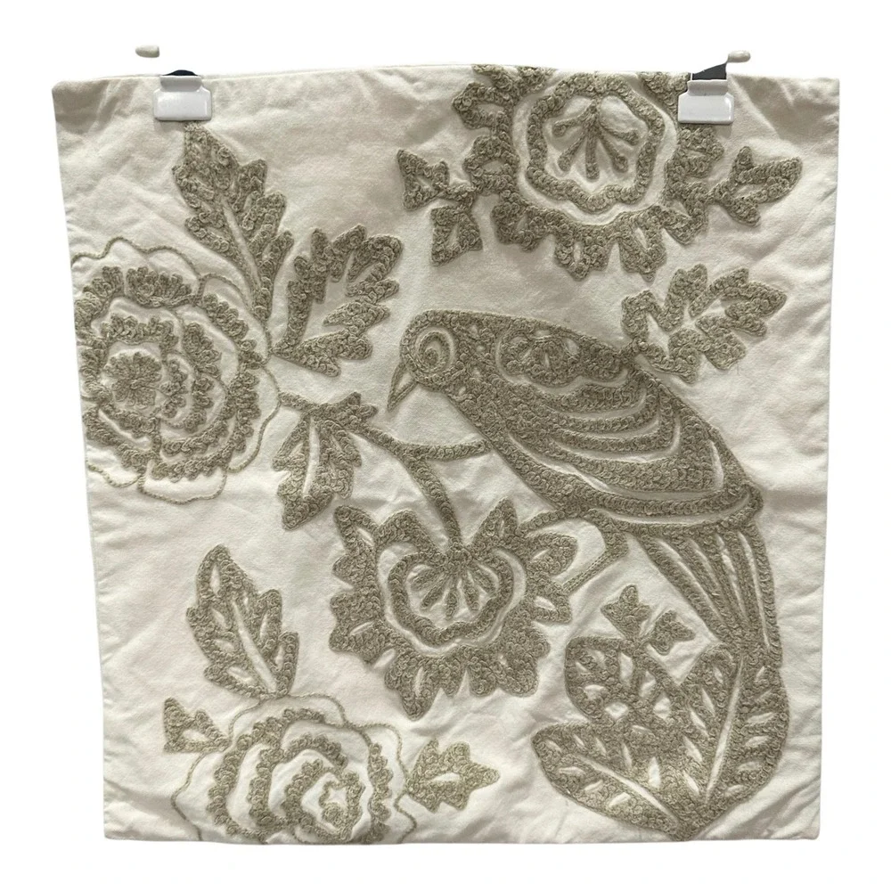 Pottery Barn Bird Floral Crewel Embroidered Pillow Sham Cover 18x18 Ivory